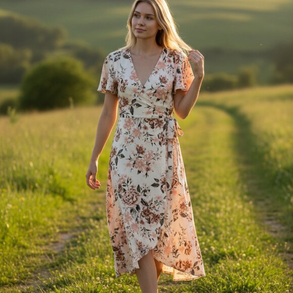 Time and Tru Dresses & Skirts - Time and Tru Floral Wrap Midi Dress Tie Waist Short Sleeve Size M